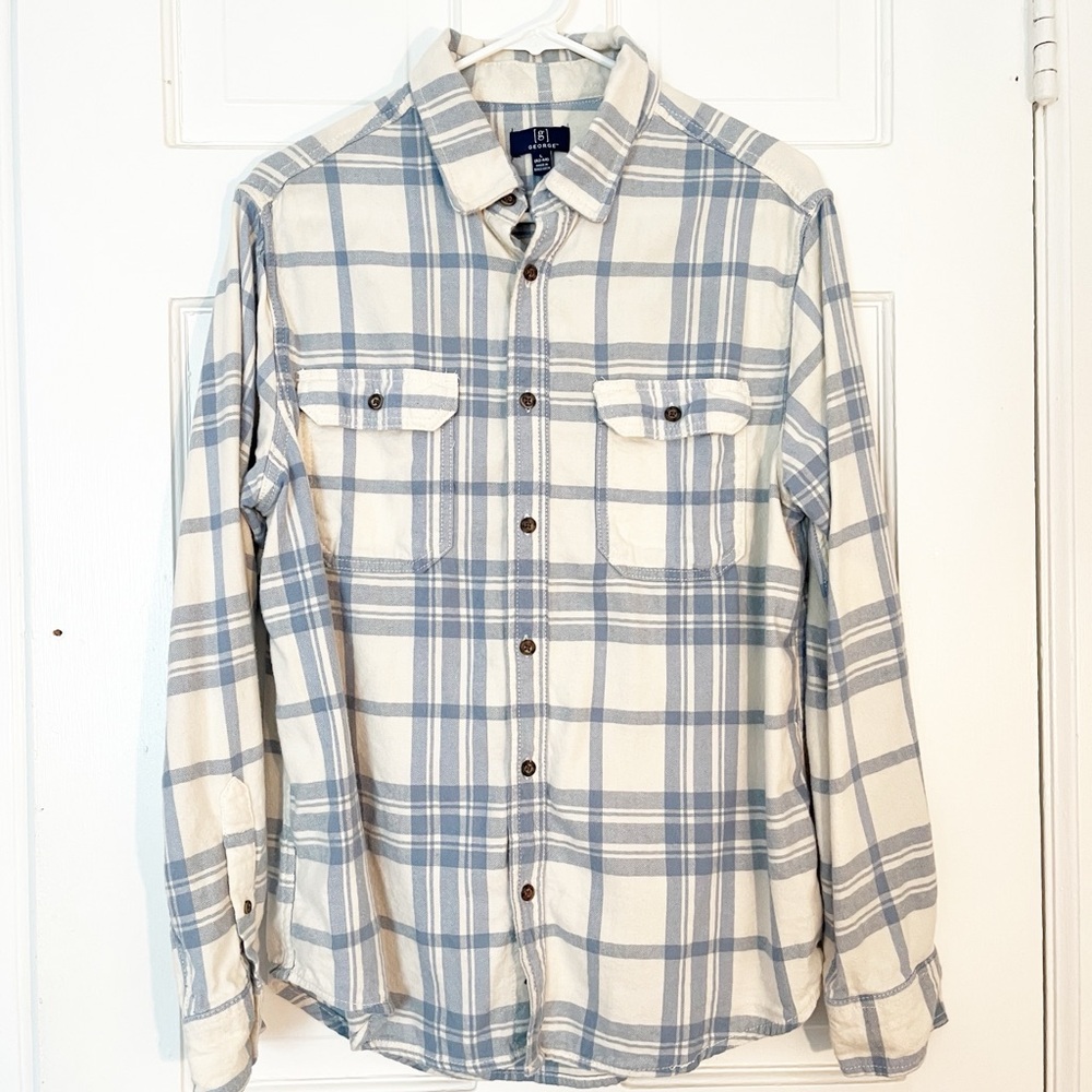 Blue and White Plaid Flannel Button-Up Shirt Mens Large Coastal Fishermancore